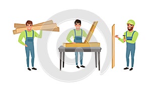 Professional Man Carpenter in Overall Carrying Wooden Planks and Nailing Vector Set