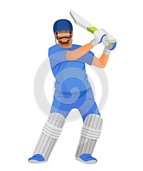 Professional man cricketer character, in sports form, plays in game.