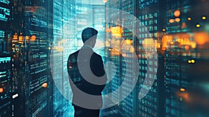 Professional Man in Data Center with Digital Interface
