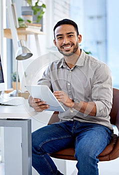 Professional, man and tablet in portrait working as entrepreneur with a smile for a startup at a desk. Business person