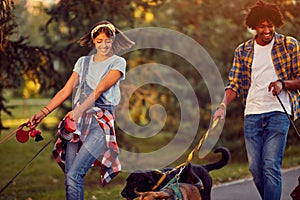 Professional man and woman dog walkers with dog enjoying in park photo