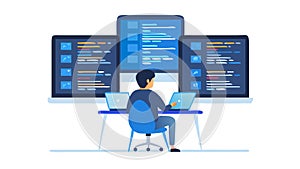 IT professional managing complex data on multiple monitors. vector design Generative AI