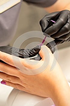 Professional manicure. A manicurist is painting the female nails of a client with purple nail polish in a beauty salon