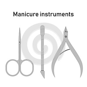 Set iron tools for manicure, nail treatment. Scissors, pusher and nippers. Vector illustration photo