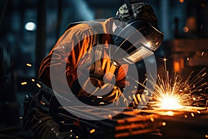 Professional mask protected welder man working on metal welding and sparks metal