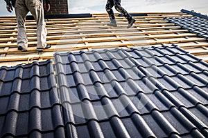 Professional masters (roofer) covers repairs metal roof tile