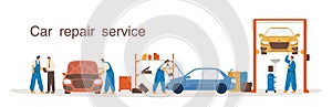 Professional mechanic in overalls working at car repair service vector flat illustration. Colorful man and woman at