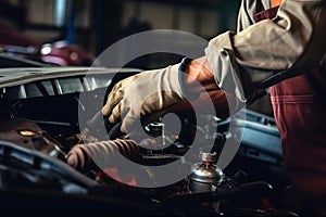 Professional mechanic working on the engine of the car in the garage. Car repair service. Ai generative