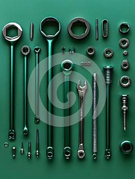 Professional Mechanics Tool Set Assortment Laid Out Neatly on Dark Green Background