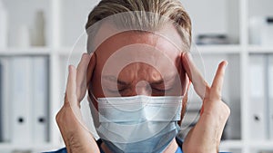 Professional medical doctor in hospital office, Portrait of young and confident physician in protective mask.