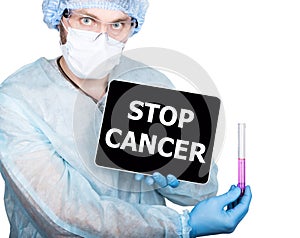 Professional medical doctor showing tablet pc and stop cancer sign a display, isolated on white