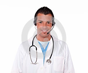 Professional medical doctor talking on headphones