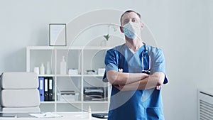 Professional medical doctor working in hospital office, Portrait of young and confident physician in protective mask.