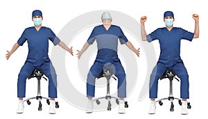 Professional medical male,stretching arms, back,neck sitting on mobile saddle