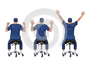 Professional medical male,stretching arms, back,neck sitting on mobile saddle
