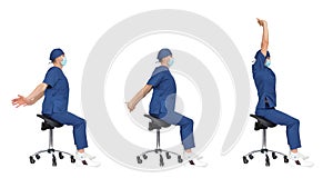 Professional medical male,stretching arms, back,neck sitting on mobile saddle