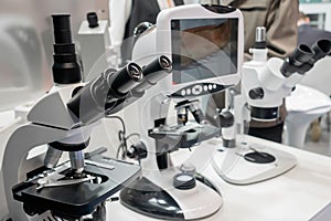 Professional medical microscope in science lab, exhibition