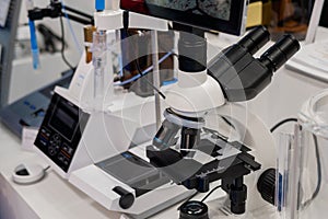Professional medical microscope in science lab, exhibition