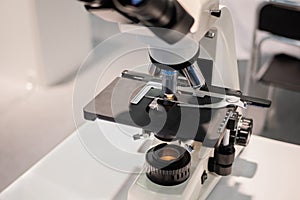 Professional medical microscope in science lab, exhibition
