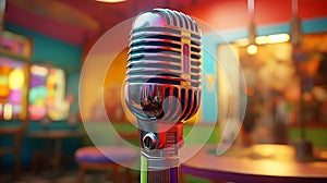 Professional Metal Microphone on Blurred Background - Close-up Audio Recording Equipment