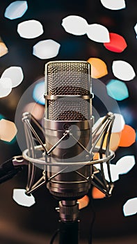 Professional microphone against bokeh background, capturing audio ambiance