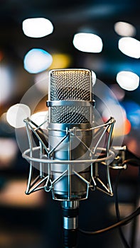 Professional microphone against bokeh background, capturing audio ambiance