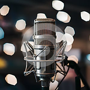 Professional microphone against bokeh background, capturing audio ambiance