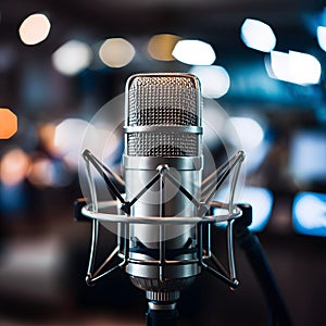 Professional microphone against bokeh background, capturing audio ambiance