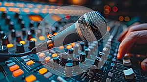 Professional microphone on the audio mixer in recording studio, Generative AI illustrations