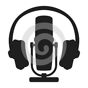 Professional microphone headset radio, online internet streaming podcast concept icon black silhouette simple vector illustration