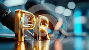 Professional microphone with PR letters symbolizing public relations, media communication, and broadcasting