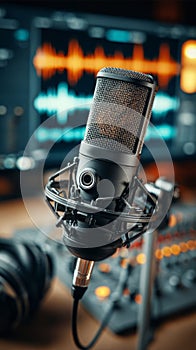 Professional microphone recording audio in home studio setup