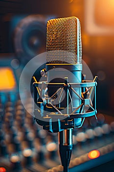 Professional microphone in recording studio with blurred background and text space