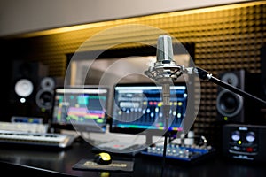 Professional microphone in the recording studio.