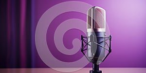 A Professional Microphone Set Against A Pinkpurple Background Banner Creating A Podcast Or Recording