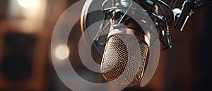The professional microphone set up in a modern recording studio environment. AI generated image
