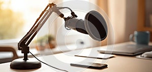 The professional microphone set up on a modern workspace for podcasting. AI generated image