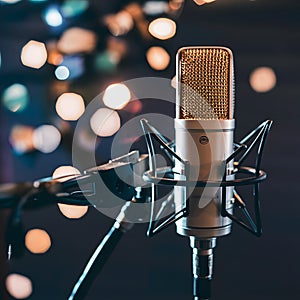 Professional microphone setup with bokeh background, studio equipment