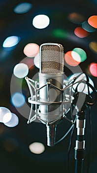 Professional microphone setup with bokeh background, studio equipment