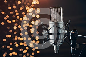 Professional microphone setup with bokeh background, studio equipment