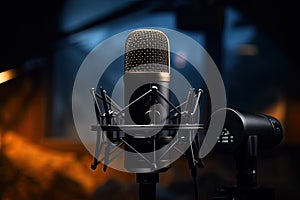Professional microphone on stand in recording studio, close-up. Media concept, Modern professional microphone in recording studio
