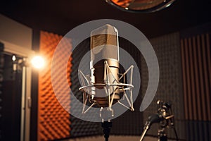 Professional microphone on stand in recording studio, closeup