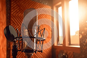 Professional microphone on stand in recording studio, closeup