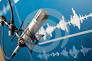 Professional microphone with waveform background