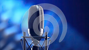 A Professional microphone with waveform on blue background. Podcast or recording studio background. Microphone. Generative Ai