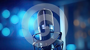 A Professional microphone with waveform on blue background. Podcast or recording studio background. Microphone. Generative Ai