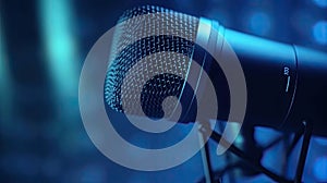 A Professional microphone with waveform on blue background. Podcast or recording studio background. Microphone. Generative Ai