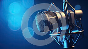 A Professional microphone with waveform on blue background. Podcast or recording studio background. Microphone. Generative Ai