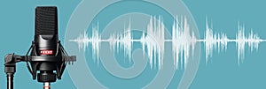 Professional microphone with waveform. Recording podcasts studio banner