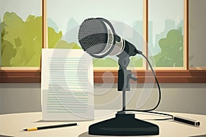 Professional microphones placed in a press room. Created with generative AI technology.